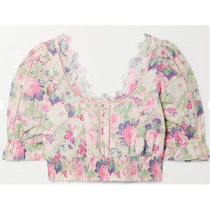 LoveShackFancy Karsten cropped crochet-trimmed floral-print cotton-voile top -L
